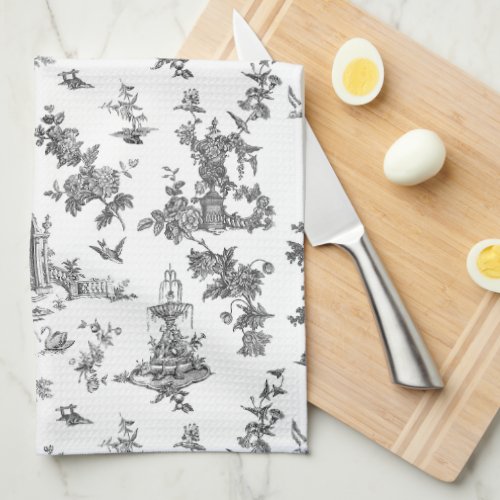 Vintage Fantastic Fountains and Trees Toile_B  W Kitchen Towel