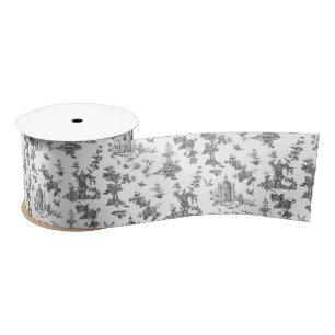 Vintage Fantastic Fountains and Trees Toile-B & W Satin Ribbon