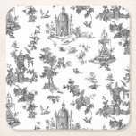 Vintage Fantastic Fountains and Trees Toile-B & W Square Paper Coaster<br><div class="desc">Historic seamless adaptation of a John Munn English engraved toile de jouy textile pattern ca 1770s featuring a classic monument to Shakespeare,  fountains,  birds and exotic florals. Black on white background.</div>