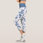 Vintage Fantastic Fountains and Trees Toile-Blue Capri Leggings<br><div class="desc">Historic seamless adaptation of a John Munn English engraved toile de jouy textile pattern ca 1770s featuring a classic monument to Shakespeare,  fountains,  birds and exotic florals. Blue on white background. Waistband color is customizable.</div>
