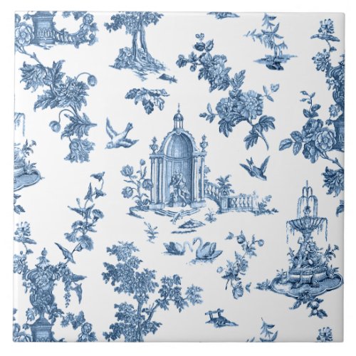 Vintage Fantastic Fountains and Trees Toile_Blue Ceramic Tile