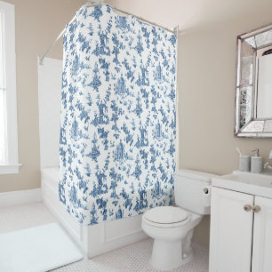 Vintage Fantastic Fountains and Trees Toile-Blue Shower Curtain
