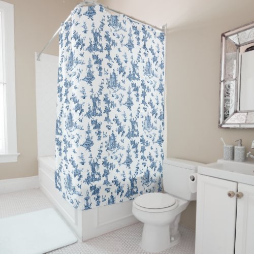 Vintage Fantastic Fountains and Trees Toile_Blue Shower Curtain