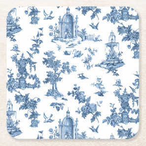 Vintage Fantastic Fountains and Trees Toile-Blue Square Paper Coaster