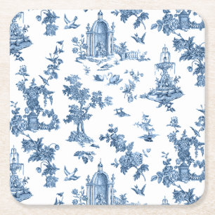 Vintage Fantastic Fountains and Trees Toile-Blue Square Paper Coaster