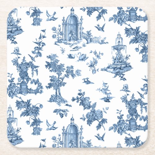 Vintage Fantastic Fountains and Trees Toile_Blue Square Paper Coaster
