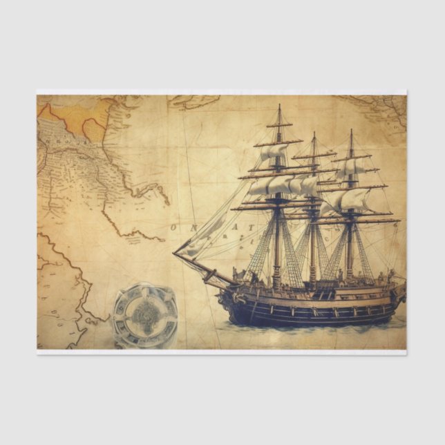 Vintage Fantasy Map Sailing Ship Decoupage Tissue Paper (Front)