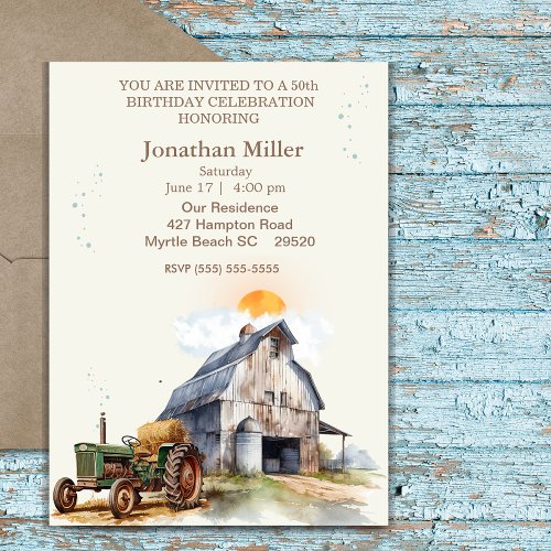 Vintage Farm  50th Birthday Tractor Party   Invitation