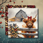 Vintage Farm and Cute Highland Cow Christmas  Card<br><div class="desc">Personalized farm themed square Christmas card. A vintage farm with a baby Highland cow standing outside on a snowy winter day.</div>
