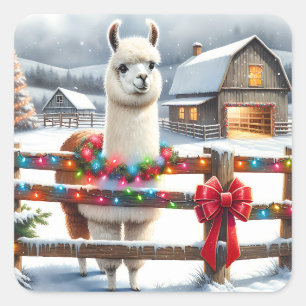 Vintage Farm and Cute Llama Christmas Square Sticker