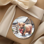 Vintage Farm and Highland Cow Christmas  Classic Round Sticker<br><div class="desc">Personalized square Christmas stickers. A vintage farm with a baby Highland cow standing outside on a snowy winter day.</div>