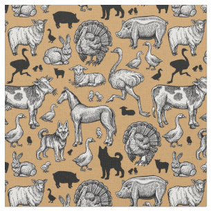 Vintage Farm Animal Drawing Fabric