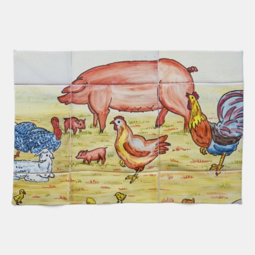 Vintage farm animal illustration pig chicken lamb kitchen towel