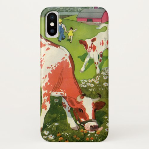 Vintage Farm Animals Cows Grazing with Farmer iPhone X Case