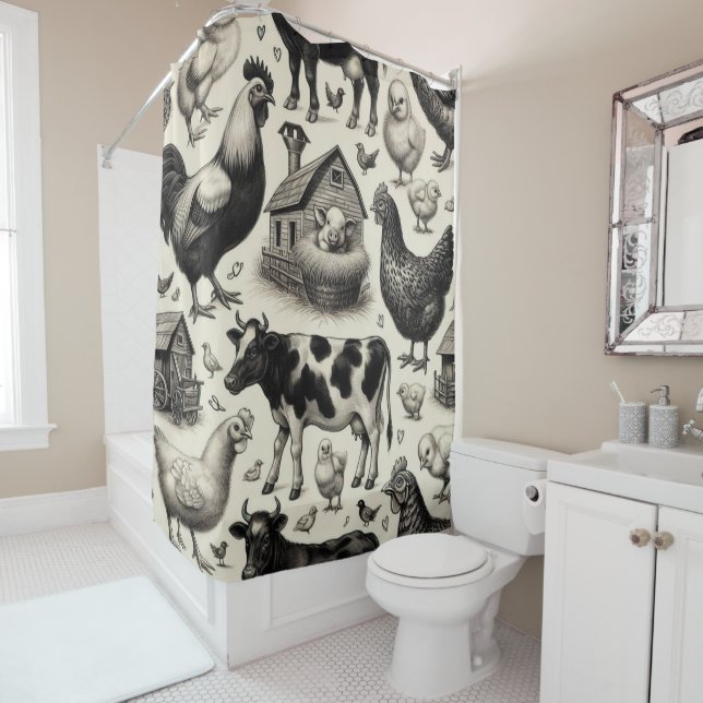 Vintage Farm Animals Painting Shower Curtain (In Situ)