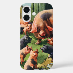 Vintage Farm Animals, Pig with Cute Baby Piglets iPhone 16 Case