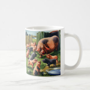 Vintage Farm Animals, Pig with Cute Baby Piglets Coffee Mug