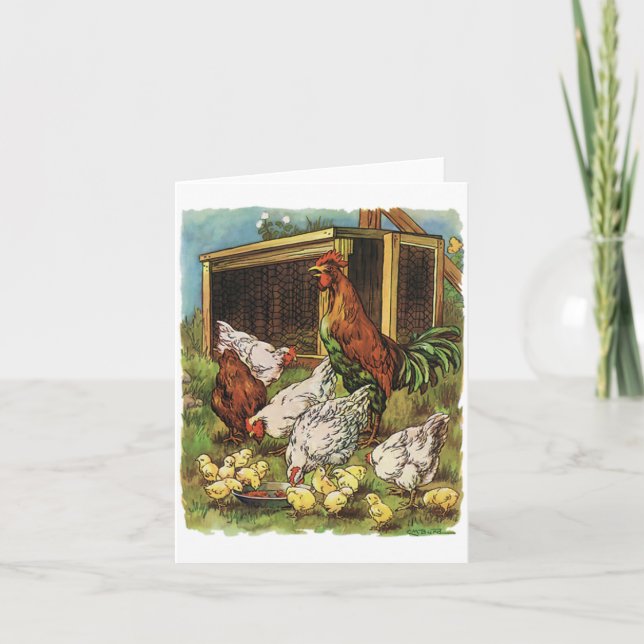 Vintage Farm Animals, Rooster, Hens, Chickens Card (Front)
