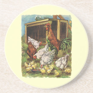Vintage Farm Animals, Rooster, Hens, Chickens Sandstone Coaster
