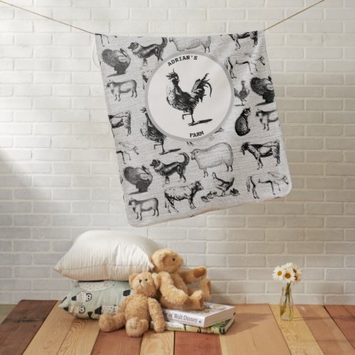 Vintage Farm Animals Rustic Collage Baby Blanket