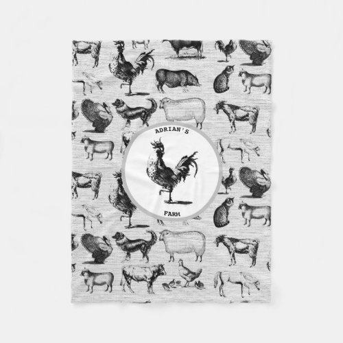 Vintage Farm Animals Rustic Collage Fleece Blanket