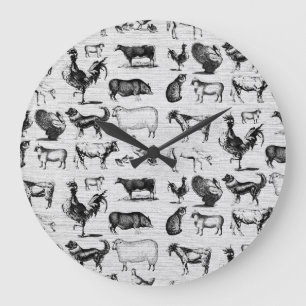 Vintage Farm Animals Rustic Collage  Large Clock