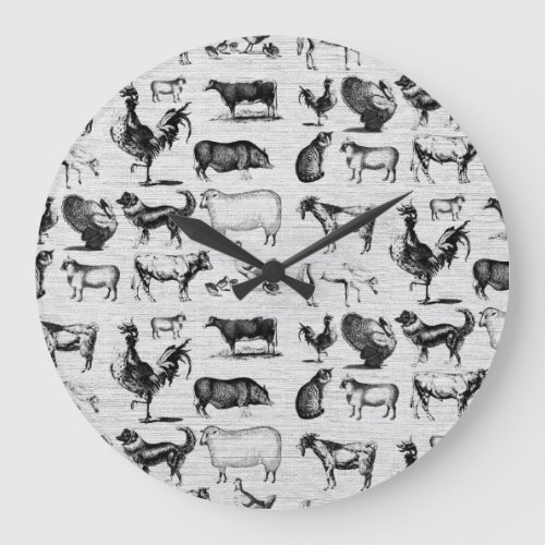 Vintage Farm Animals Rustic Collage  Large Clock