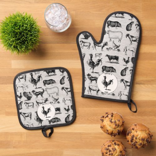 Vintage Farm Animals Rustic Collage Oven Mitt  Pot Holder Set