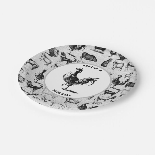 Vintage Farm Animals Rustic Collage Paper Plates (Angled)