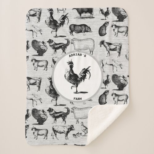 Vintage Farm Animals Rustic Collage Sherpa Blanket