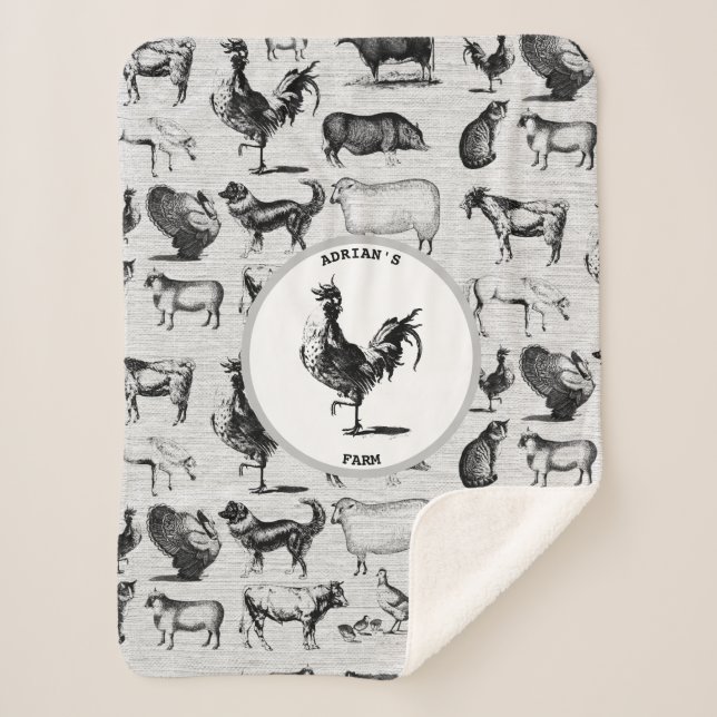 Vintage Farm Animals Rustic Collage Sherpa Blanket (Front)