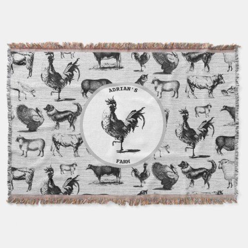 Vintage Farm Animals Rustic Collage Throw Blanket