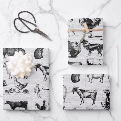 Vintage Farm Animals Rustic Collage Wrapping Paper Sheets