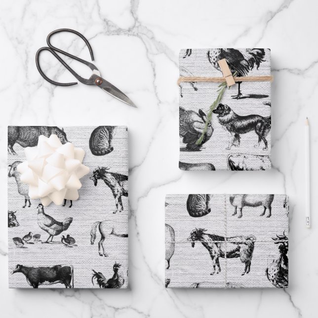 Vintage Farm Animals Rustic Collage Wrapping Paper Sheets (Front)