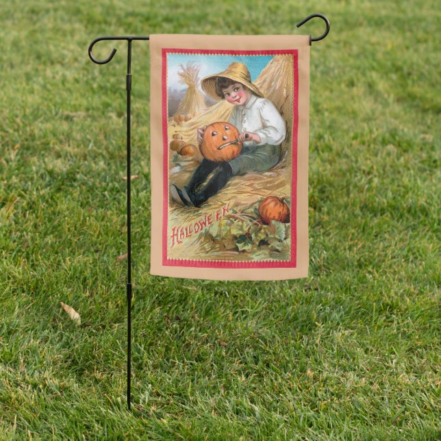 Vintage Farm Boy Carving Halloween Pumpkin Garden Flag (In SItu)