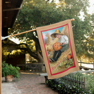 Vintage Farm Boy Carving Halloween Pumpkin House Flag