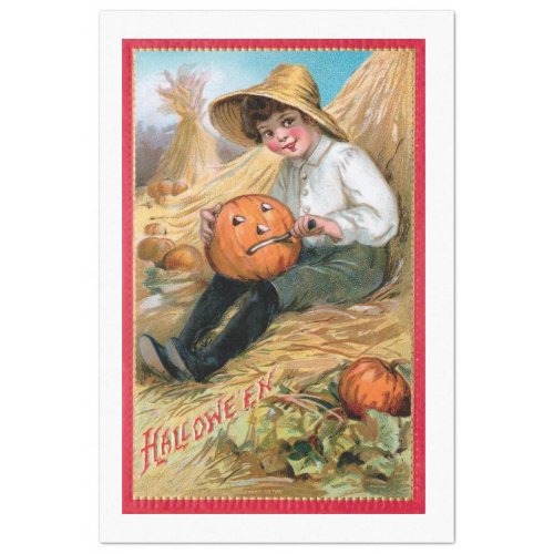 Vintage Farm Boy Carving Halloween Pumpkin Tissue Paper