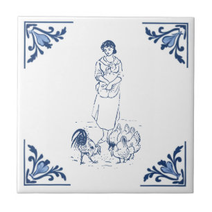 Vintage Farm Feeding Chickens Delft Blue White Ceramic Tile