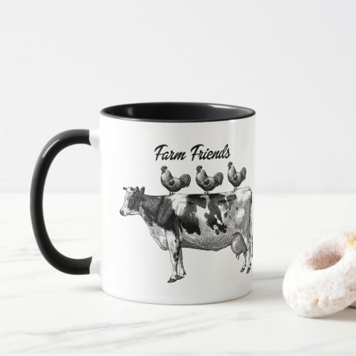 Vintage Farm Friends cow chickens Country mug
