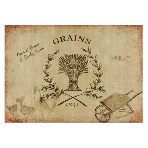 Vintage Farm Grain Sack Chicken Collage Cutting Board