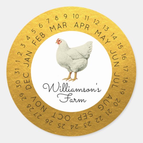 Vintage Farm Hen Encircled Date Egg Carton Gold Classic Round Sticker
