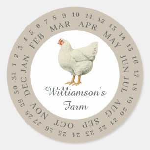 Vintage Farm Hen Encircled Date Egg Carton Gray Classic Round Sticker