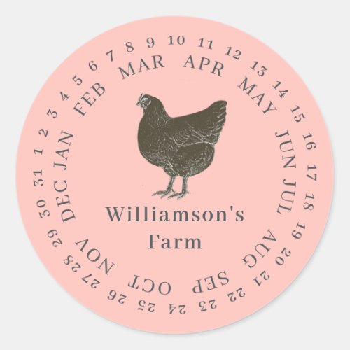 Vintage Farm Hen Encircled Date Egg Carton Pink Classic Round Sticker