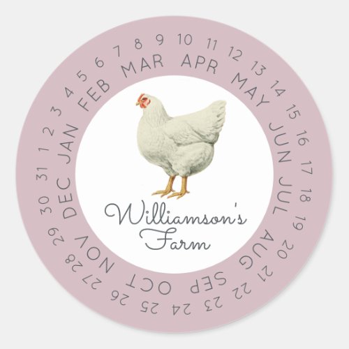 Vintage Farm Hen Encircled Date Egg Carton Purple Classic Round Sticker