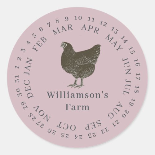 Vintage Farm Hen Encircled Date Egg Carton Purple Classic Round Sticker
