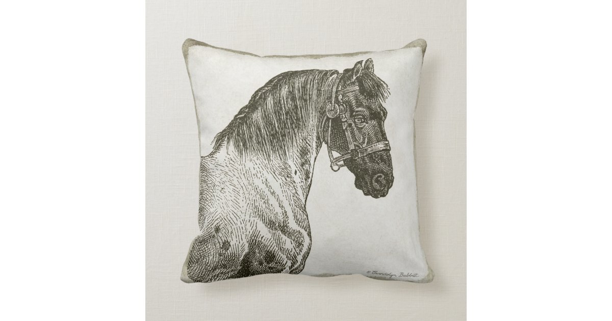 Vintage farm horse throw pillow in neutrals.