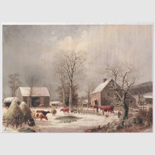Vintage Farm in Winter Painting Decoupage Tissue Paper (Front)