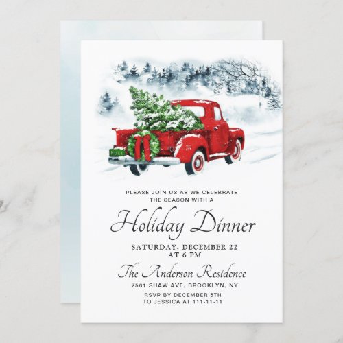 Vintage Farm Red Truck Christmas Holiday Dinner Invitation