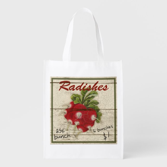 Vintage Farm Stand sign, radishes, grocery bag (Front)