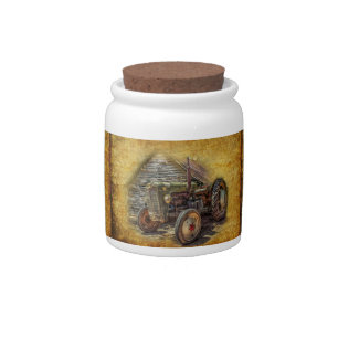 Vintage Farm Tractor Old Barn Shed Candy Jar
